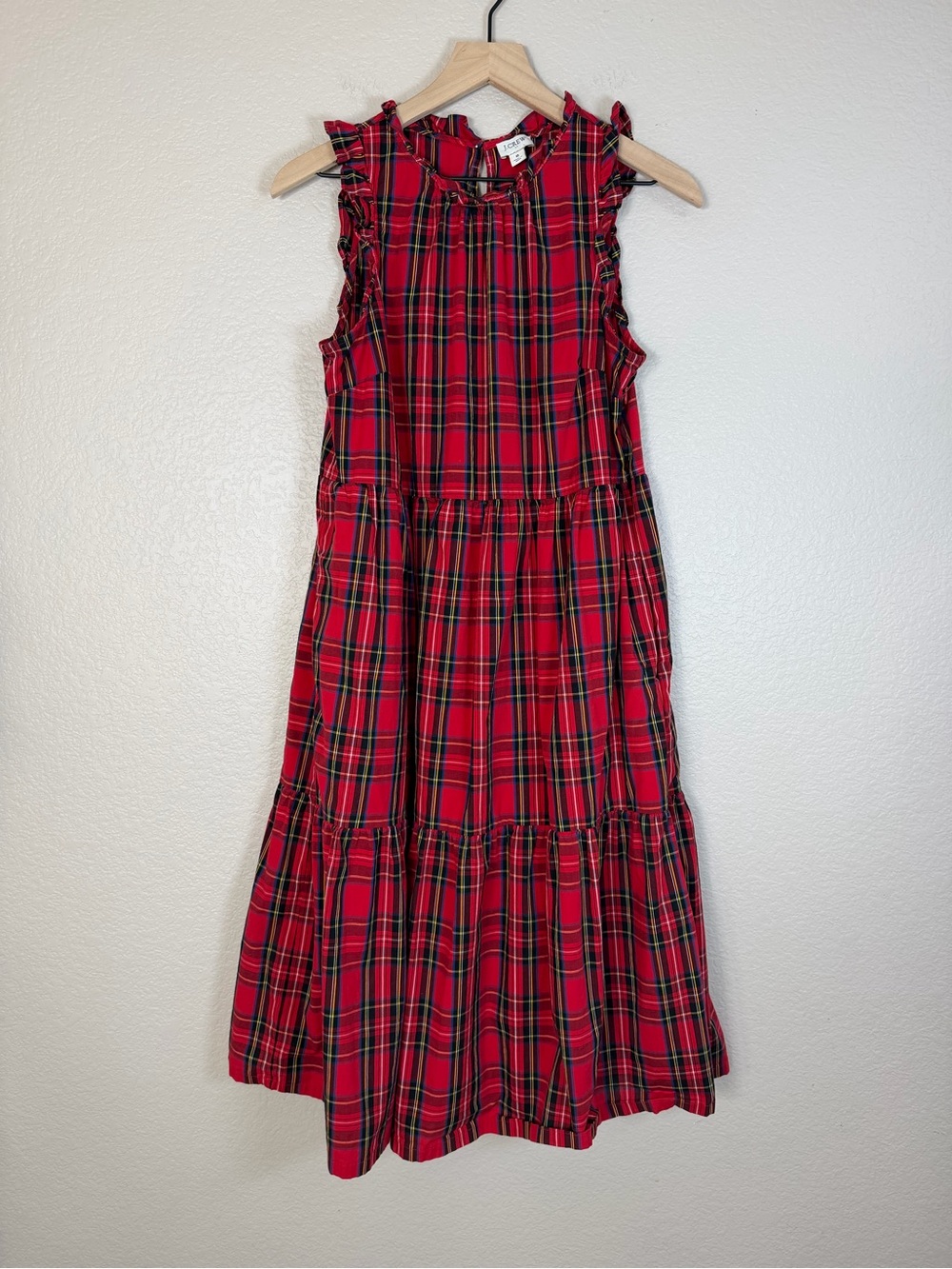 J Crew Christmas Holiday Tartan Red Plaid Ruffle Tiered Midi Dress size 8 $118 - Picture 5 of 13